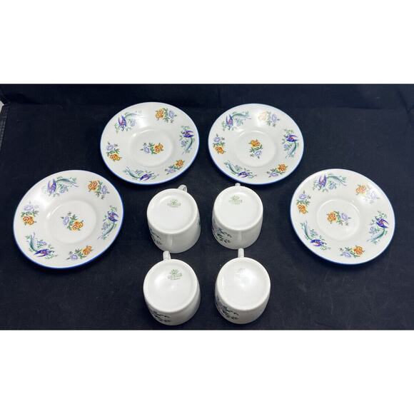 Lec Limoges France LeClair Bird & Floral Porcelain Cup & Saucers. Set Of 4 - Picture 3 of 10